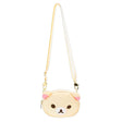 An officially licensed Korilakkuma puffy crossbody bag in an ivory color, shaped like the character's head with round ears. The bag includes a detachable ivory shoulder strap with gold-tone hardware.
