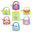 Six miniature, colorful baguette-shaped bag charms featuring whimsical circus animal faces designed by artist So Lazo, arranged around a green and yellow mystery packaging box
