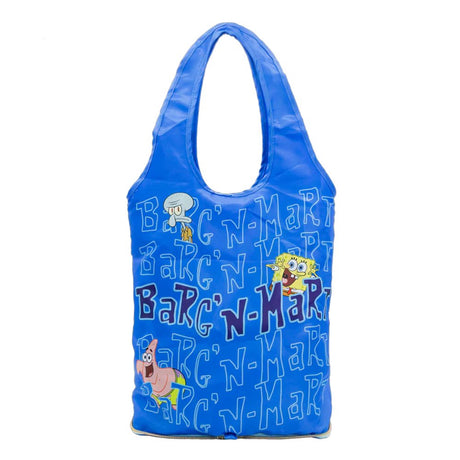 An officially licensed blue SpongeBob SquarePants Barg'N-Mart collapsible and reusable shopping bag featuring SpongeBob, Patrick, and Squidward