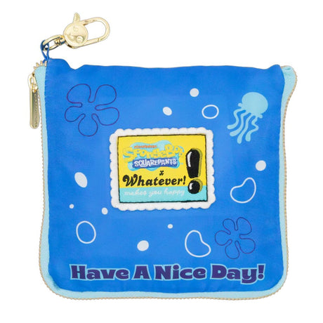 An officially licensed blue SpongeBob SquarePants Barg'N-Mart collapsible and reusable shopping bag featuring SpongeBob, Patrick, and Squidward
