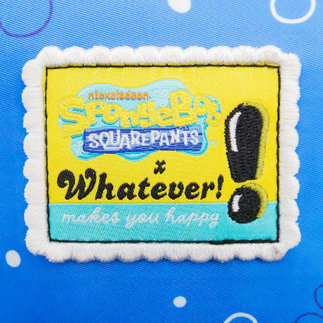 An officially licensed blue SpongeBob SquarePants Barg'N-Mart collapsible and reusable shopping bag featuring SpongeBob, Patrick, and Squidward