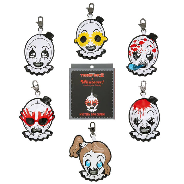 Six collectible Terrifier 2 mystery blind box bag charms showing various versions of Art the Clown and the Little Pale Girl