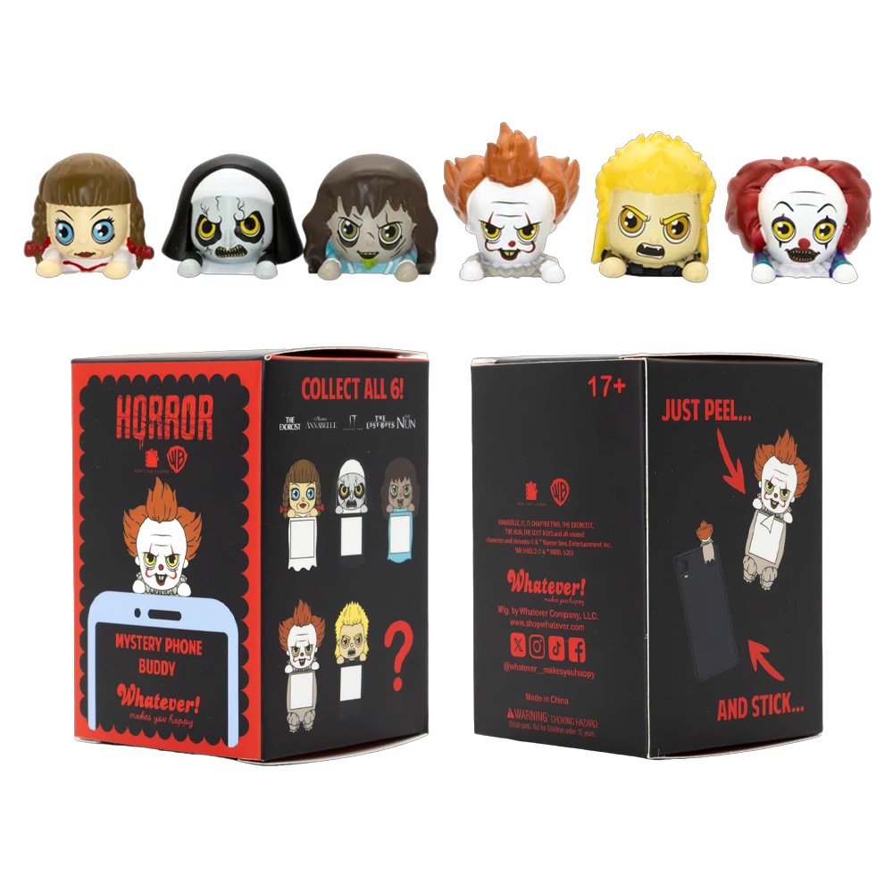 Six Warner Bros horror mystery blind box phone buddy mini figures lined up featuring Annabelle, The Nun, Regan, Pennywise, David, one secret Chase style