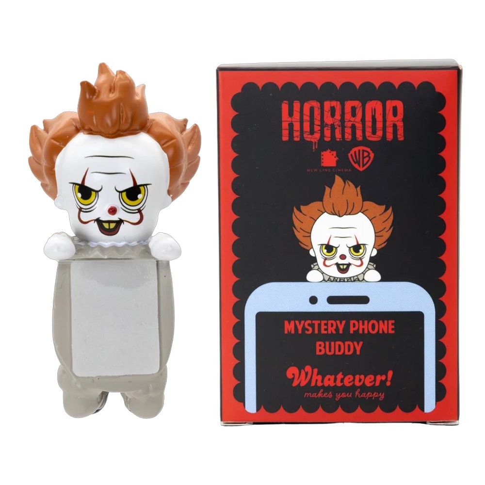 Six Warner Bros horror mystery blind box phone buddy mini figures lined up featuring Annabelle, The Nun, Regan, Pennywise, David, one secret Chase style