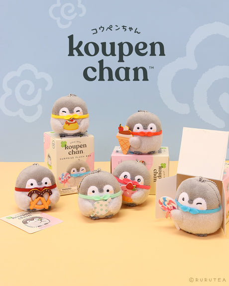 An Official Spiralcute licensed Koupen Chan surprise plush blind box unboxing scene displaying six miniature penguin stuffed toys with different sweets next to their opened pink packaging boxes, designed for adult collectors seeking a workplace healing experience.