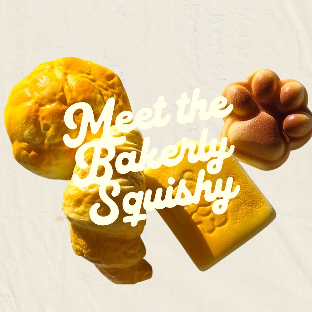 Assortment view of Meet the Bakery Squishy collection featuring golden croissant, butter toast block, rounded melon bun, and cat paw pastry squishies, ideal holiday gift idea for fidget toy lovers