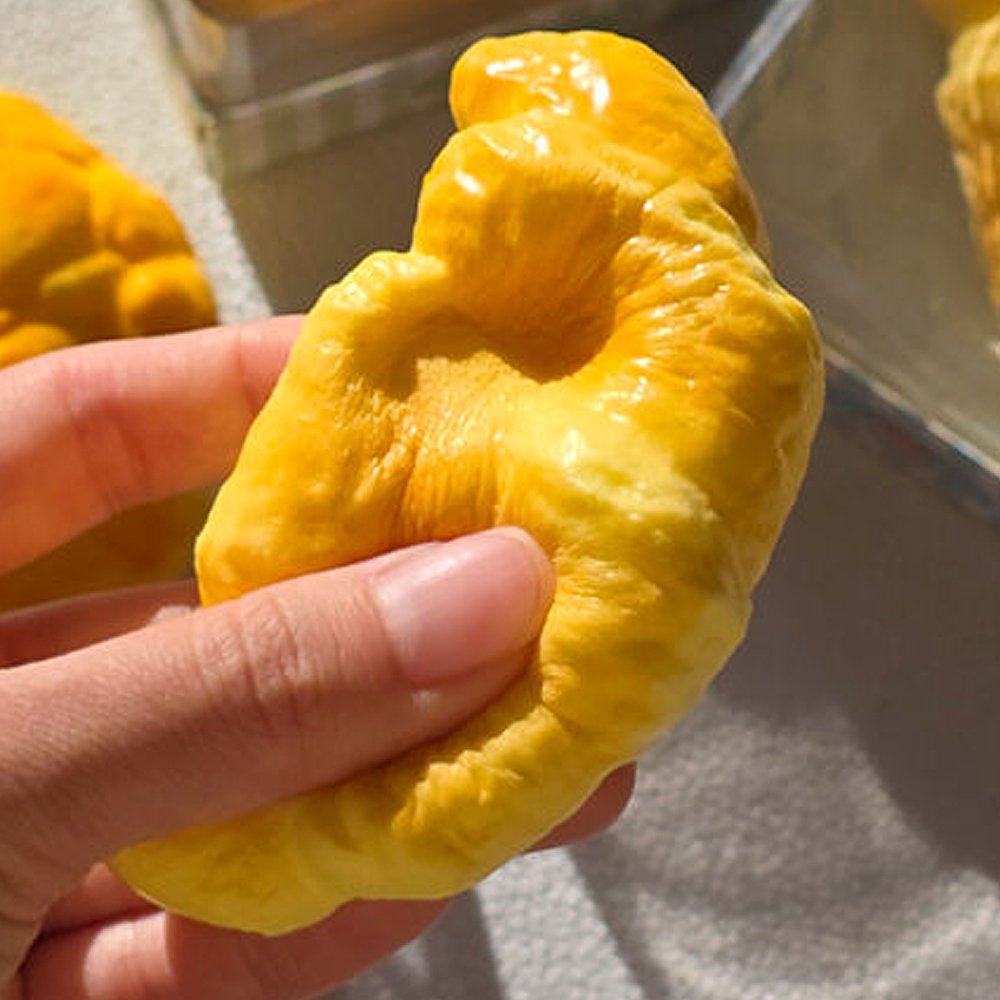 Hand squeezing a realistic golden-brown Buttery Bakery Croissant Squishy Toy showing soft textured pastry detail and squishy foam resistance, perfect non-edible Christmas stocking stuffer and stress relief sensory toy   