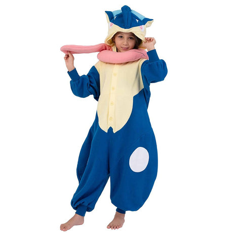 Official Pokémon Greninja Kids Costume Kigurumi Onesie Jumpsuit worn by a young model holding the hooded ears. Features a soft blue fleece body, cream chest panel, white knee spots, and a plush pink tongue scarf collar. Perfect for kids' Halloween costumes, cosplay party suits, sleepovers, and holiday gifts.