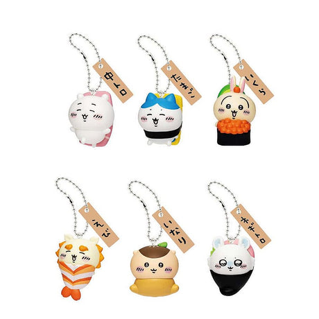 Main group banner for the officially licensed Chiikawa Sushi Keyring Blind Box collection. Features all six cute characters transformed into sushi with metal ball chains and wood-style tags: Chiikawa (Tuna/Chutoro), Usagi (Salmon Roe/Ikura), Hachiware (Egg/Tamago), Kurimanju (Inari/Tofu Pocket), Shisa (Shrimp/Ebi), and Momonga (Negitoro/Gunkan