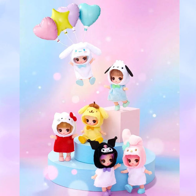 Group display of Officially Licensed Licca x Hello Kitty and Friends Collection Petit Fashion Dolls wearing Sanrio character hoods with pastel balloons, perfect Christmas gift and holiday present for doll collectors