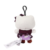 Officially licensed Hello Kitty bag clip  plush doll wearing a maroon and plaid school uniform, featuring a large matching plaid bow and reddish-brown velvet feet. Perfect size to attach to your backpack, bag, purse, car, or pants. Ideal collectible toy for fans and Sanrio enthusiasts.