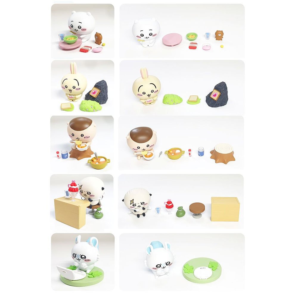 Chiikawa, Hachiware ,Usagi , Kuri-Manju ,Momonga and Rakko figurines figurines and accessories on a white background