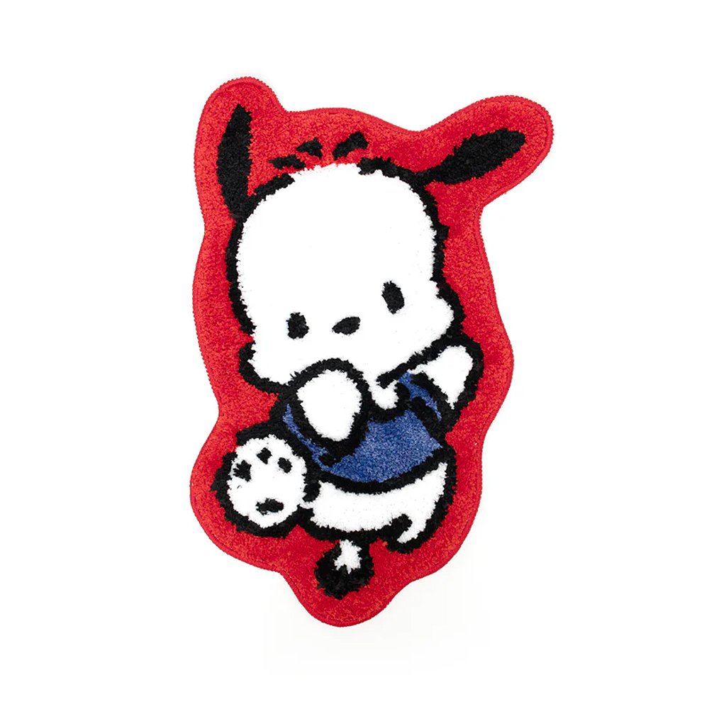 A die-cut floor mat featuring the Sanrio character Pochacco in a playful pose, predominantly red with a white character design, binding details, and a non-slip black backing.