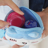 Blue plush pouch case with a Hachiware design, containing a pink container and a blue bottle.