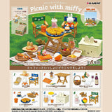 Advertisement for 'Picnic with miffy' Re-Ment miniature set featuring a picnic scene with a table, chairs, and food items.