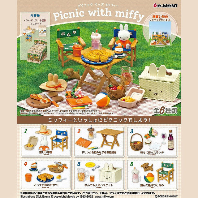 Advertisement for 'Picnic with miffy' Re-Ment miniature set featuring a picnic scene with a table, chairs, and food items.