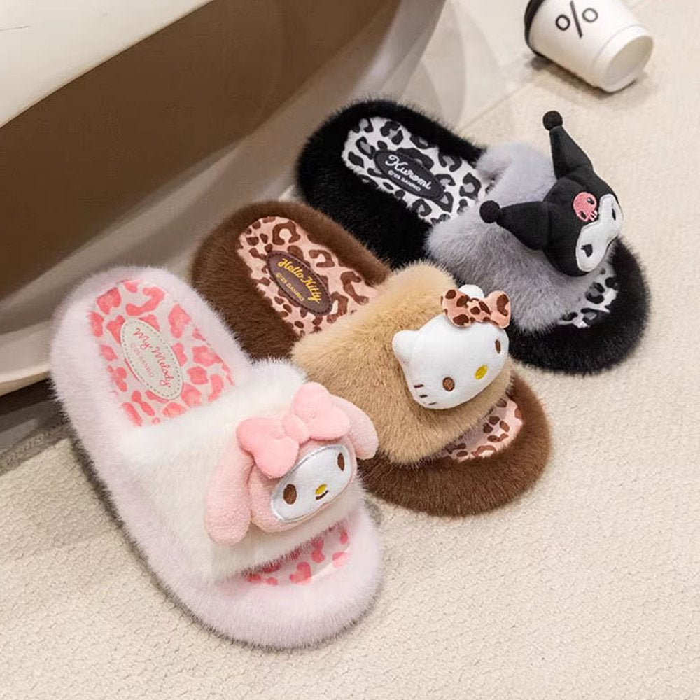 Sanrio Hello Kitty Leopard Plush Fur Slippers