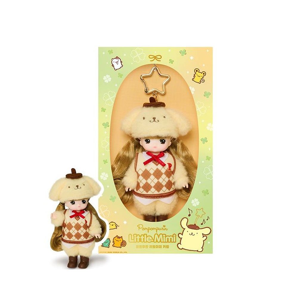 Little Mimi x Sanrio Pompompurin with a matching keychain in front of its packaging on a white background