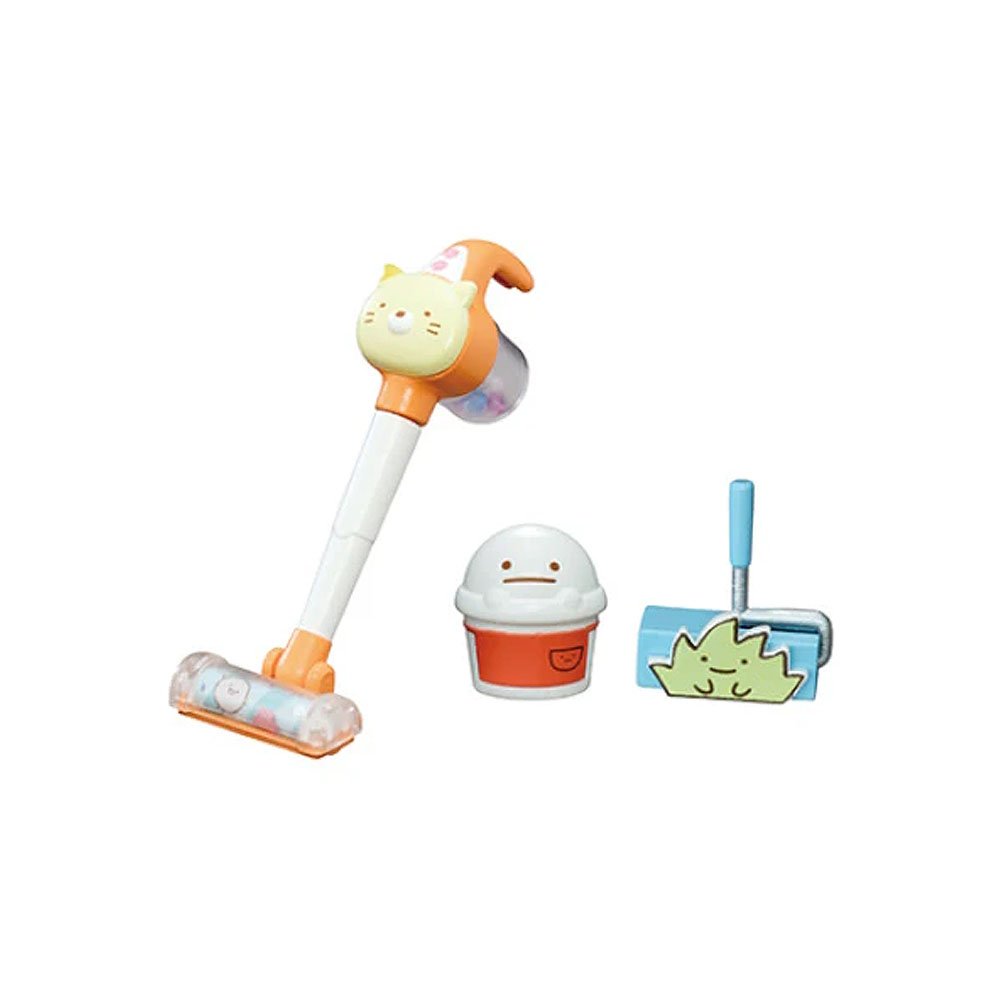 Set of Sumikko toy cleaning tools including a vacuum, bucket, and broom on a white background