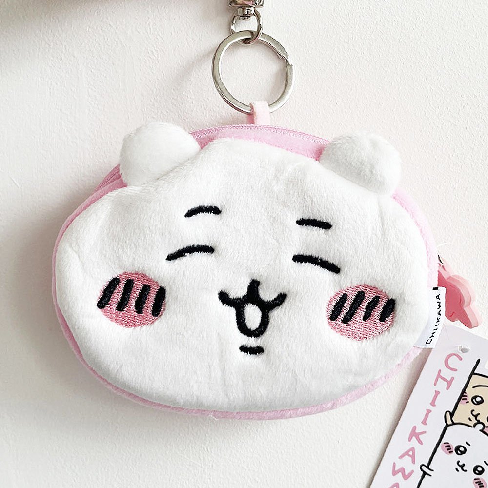 Chiikawa Plush keychain shaped like a cat face with pink accents on a white background