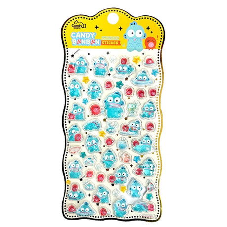 Four colorful sheets of officially licensed Sanrio Candy Bonbon sticker packs, featuring raised, 3D epoxy stickers of Cinnamoroll, Hangyodon, Chococat, and Usahana

