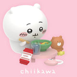 Cute Chiikawa  character with a bowl of ramen and a bear toy on a pink background, featuring the brand 'chiikawa'.