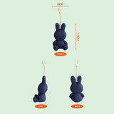 Navy denim blue plush miffy keychain shown from front, side, and back with measurements on a light green background.