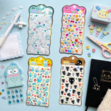 Four colorful sheets of officially licensed Sanrio Candy Bonbon sticker packs, featuring raised, 3D epoxy stickers of Cinnamoroll, Hangyodon, Chococat, and Usahana
