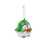 Watermelon Costume Charm: Kawaii watermelon Costume charm accessory. Koupen Chan penguin plush keychain for bags or backpacks, featuring a soft green watermelon plush hood