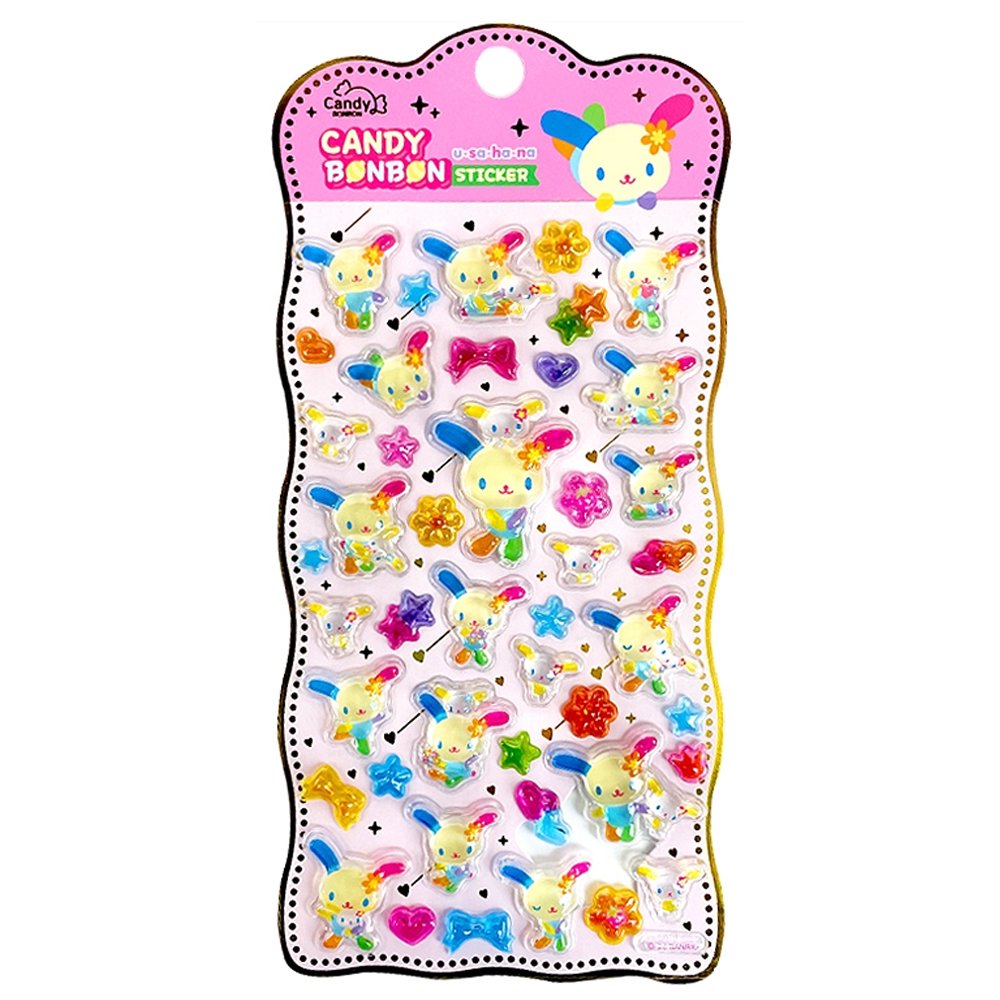 Four colorful sheets of officially licensed Sanrio Candy Bonbon sticker packs, featuring raised, 3D epoxy stickers of Cinnamoroll, Hangyodon, Chococat, and Usahana
