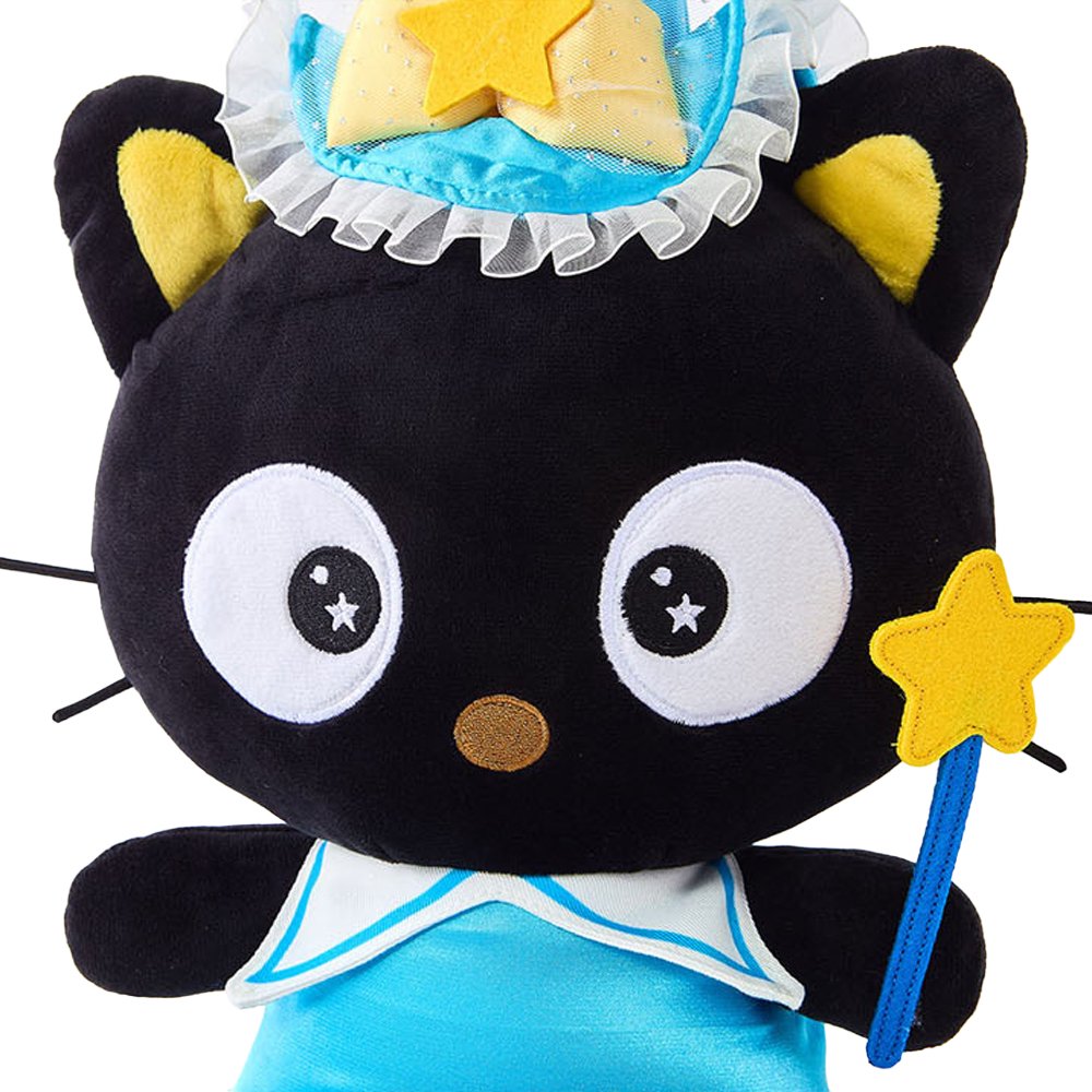 Officially licensed Sanrio Chococat wizard plush toy wearing a blue magician hat with lace trim and holding a yellow star wand, featuring large star-eyed embroidered details and pink paw pads