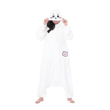 Official SAZAC Chiikawa Kigurumi Vol. 2 Costume Onesie Jumpsuit worn by a model. Features a soft white fleece body, Chiikawa face hood with blush details, and the upgraded pink bear pochette pocket embroidery. Perfect for Halloween costumes, cozy sleepover nights, and cosplay party loungewear for anime fans