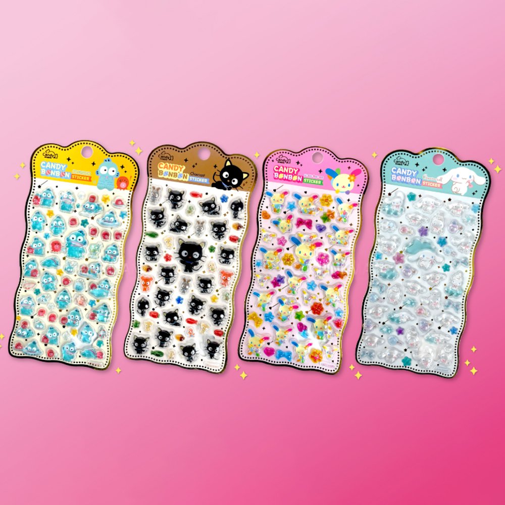Four colorful sheets of officially licensed Sanrio Candy Bonbon sticker packs, featuring raised, 3D epoxy stickers of Cinnamoroll, Hangyodon, Chococat, and Usahana
