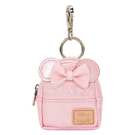 Loungefly and Disney Minnie Mouse's collboration of mini backpack keychain charm featuring 3D bow, applique, glitter, iridescent, quilted, shimmer faux leather, velvet, and printed details