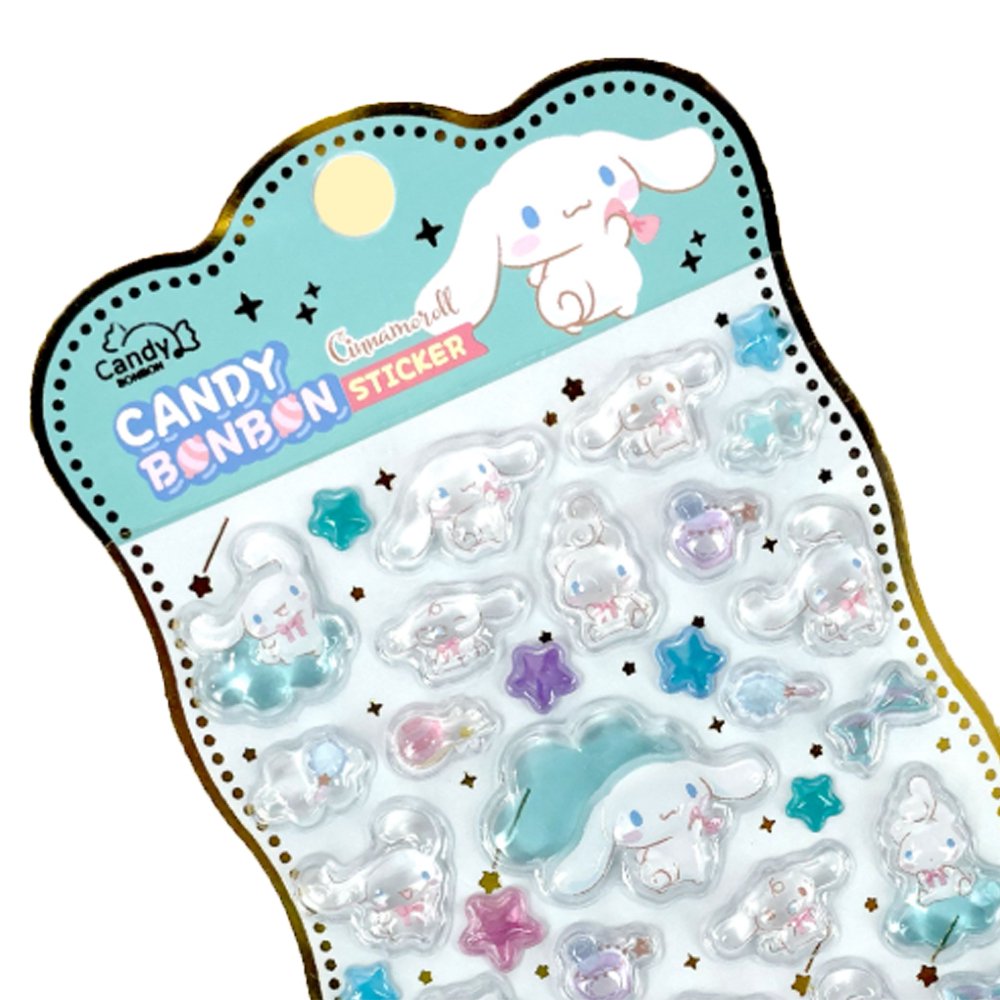 Four colorful sheets of officially licensed Sanrio Candy Bonbon sticker packs, featuring raised, 3D epoxy stickers of Cinnamoroll, Hangyodon, Chococat, and Usahana
