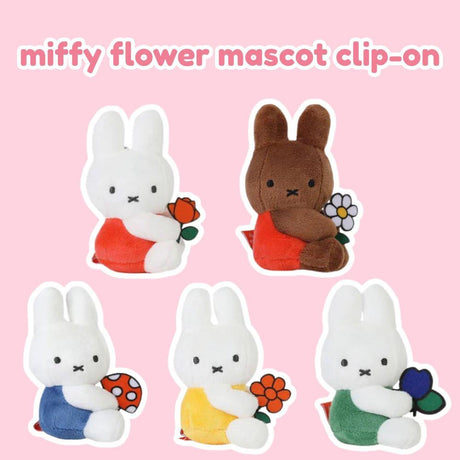 Miffy flower mascot clip-on plush collection featuring small kawaii miffy plush keychains holding colorful flower for Valentine's Day backpack accessories or gift toppers.