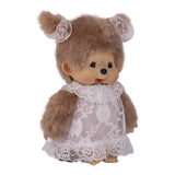 Officially Licensed Sekiguchi Monchhichi Beige Girl with White Lace Dress 8 Inch Plush Doll in original red display box, featuring beige fur, matching lace hair ribbons on pigtails, and elegant white lace dress, perfect Christmas gift and holiday present for Monchhichi collector