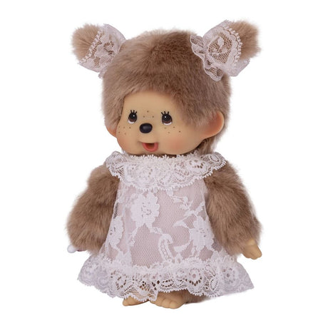 Front view of Sekiguchi Monchhichi Beige Girl with White Lace Dress 8 Inch Plush Doll showing soft beige plush fur, twin pigtails with lace bows, and delicate floral white lace dress, ideal holiday season collectible gift