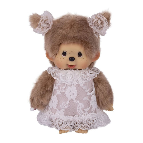 Officially Licensed Sekiguchi Monchhichi Beige Girl with White Lace Dress 8 Inch Plush Doll in original red display box, featuring beige fur, matching lace hair ribbons on pigtails, and elegant white lace dress, perfect Christmas gift and holiday present for Monchhichi collectors