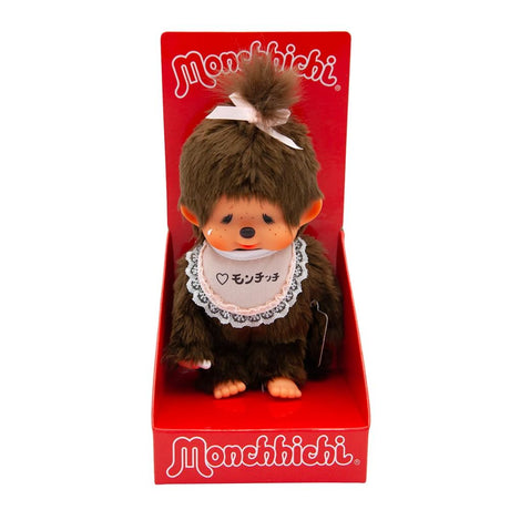 Officially Licensed Sekiguchi Monchhichi Crying Girl 8 Inch Plush Doll in original red display box packaging, featuring a tear on her cheek, pink hair bow, and pink lace bib, perfect Christmas gift and holiday present for Monchhichi collectors