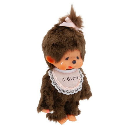 Officially Licensed Sekiguchi Monchhichi Crying Girl 8 Inch Plush Doll in original red display box packaging, featuring a tear on her cheek, pink hair bow, and pink lace bib, perfect Christmas gift and holiday present for Monchhichi collectors