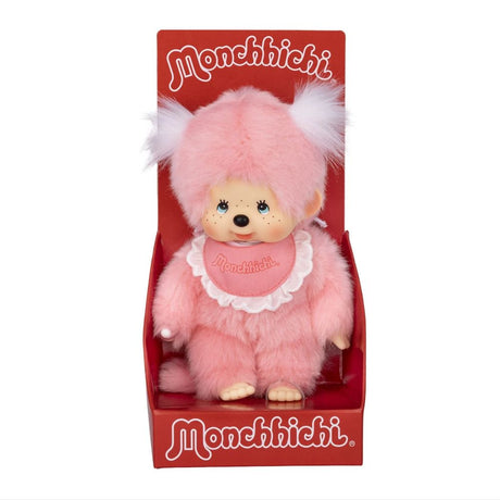 Officially Licensed Sekiguchi Monchhichi New Pink Pigtails Girl 8 Inch Plush Doll in original red display box packaging, featuring pastel pink fur, white fluffy pigtail bows, and matching pink lace bib, perfect Christmas gift and holiday present for Monchhichi collectors