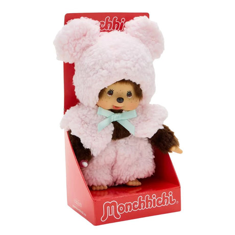 Officially Licensed Sekiguchi Monchhichi Pink Bear Hoodie Cape Boy 8 Inch Plush Doll in original red display box packaging, wearing pastel pink plush bear ear hood cape with mint green ribbon bow, perfect Christmas gift and holiday present for Monchhichi collectors