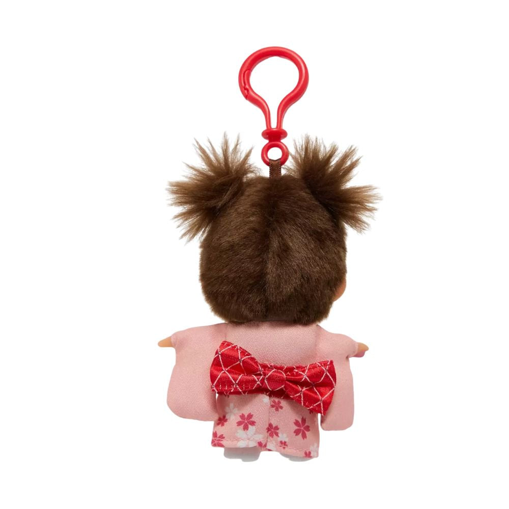 Back view of Sekiguchi Monchhichi Sakura Kimono Girl Clip-On Mascot Plush Keychain displaying red checkered ribbon obi bow on kimono back and red bag clip hook, perfect Japanese collectible gift idea