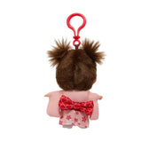 Back view of Sekiguchi Monchhichi Sakura Kimono Girl Clip-On Mascot Plush Keychain displaying red checkered ribbon obi bow on kimono back and red bag clip hook, perfect Japanese collectible gift idea