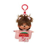 Front view of Officially Licensed Sekiguchi Monchhichi Sakura Kimono Girl Clip-On Mascot Plush Keychain featuring pink cherry blossom pattern kimono, red obi sash, pink hair flowers, and red clip ring, perfect Christmas gift and bag charm accessory