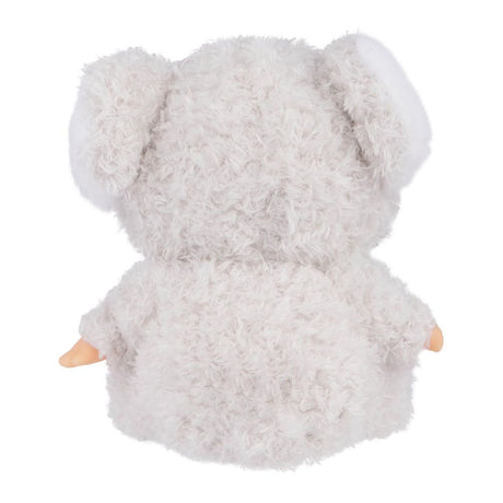 Back view of Sekiguchi Monchhichi Sitting Fluffy Koala Boy 8 Inch Plush Doll showing soft grey plush fur back and fluffy koala hood ears, perfect stocking stuffer and Christmas gift idea