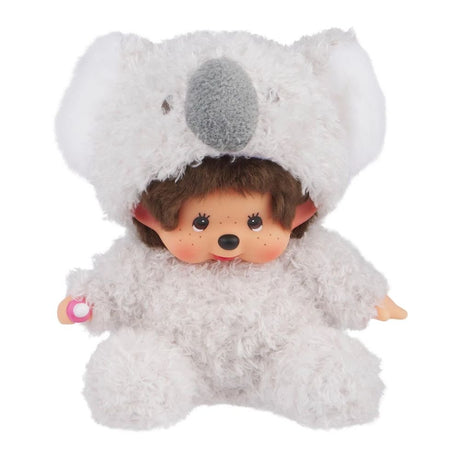 Front sitting view of Sekiguchi Monchhichi Sitting Fluffy Koala Boy 8 Inch Plush Doll wearing fluffy grey koala costume with pacifier in hand, ideal holiday season collectible gift and cute room decor