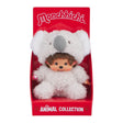 Officially Licensed Sekiguchi Monchhichi Sitting Fluffy Koala Boy 8 Inch Plush Doll in original red Animal Collection display box packaging, featuring fuzzy grey koala suit with big ears and round nose, perfect Christmas gift and holiday present for Monchhichi collectors