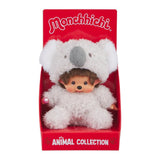 Officially Licensed Sekiguchi Monchhichi Sitting Fluffy Koala Boy 8 Inch Plush Doll in original red Animal Collection display box packaging, featuring fuzzy grey koala suit with big ears and round nose, perfect Christmas gift and holiday present for Monchhichi collectors
